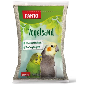 PANTO Vogelsand Verpackung mit grünem Hintergrund, zeigt einen Wellensittich und einen Nymphensittich sowie Vorteile wie "Mit Anis und Kalkgrit."