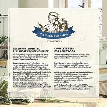 Vollfutter für erwachsene Hunde mit Rentier und Kartoffel. Zutaten: 49% Rindfleisch, Herz, Lunge, Leber, Niere; 25% Rentierfleisch; 5% Kartoffel.