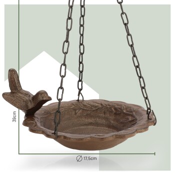 Hängender Vogelfutterspender mit einem dekorativen Vogeldesign, 39 cm hoch und 17,5 cm im Durchmesser.