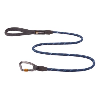 Eine blaue und graue Hundeleine mit einem stabilen Karabinerclip, mit einem strukturierten Seil-Design und dem 'RUFFWEAR'-Logo.