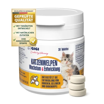 Behälter mit GIGI-Wachstums- und Entwicklungstabletten für Kätzchen, mit einem verspielten Kätzchenbild, mit Text, der die Unterstützung für Knochen und Gelenke hervorhebt.