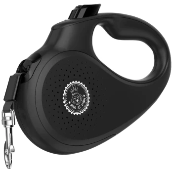 Schwarze ausziehbare Hundeleine mit einem strukturierten Griff und einem runden Logo, das das Gesicht eines Hundes und ein Kronendesign zeigt.