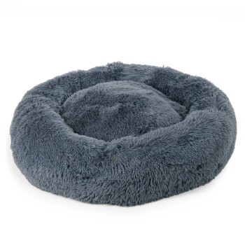 Rundes, plüschiges Haustierbett in sanftem Grauton, mit einem flauschigen Äußeren und einem gemütlichen, erhöhten Rand für Komfort.