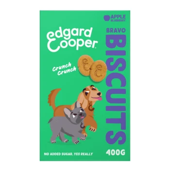 Edgard Cooper Bravo Biscuits packaging shows a brown and gray cartoon dog with "Crunch Crunch" and "No added sugar. Yes really." on green.