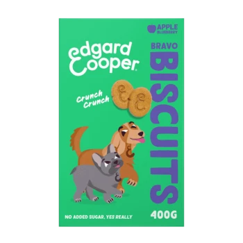 Edgard Cooper Bravo Biscuits packaging shows a brown and gray cartoon dog with "Crunch Crunch" and "No added sugar. Yes really." on green.