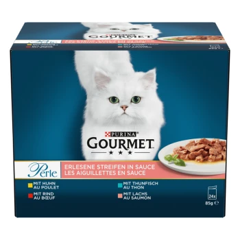 Perle Erlesene Streifen in Sauce Sorten Mix 24x85 g Purina Gourmet Katzenfutterbox mit einer weißen Katze auf der Vorderseite, mit Text, der die Geschmacksrichtungen anzeigt: Huhn, Thunfisch, Rind und Lachs.