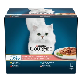 Purina Gourmet Katzenfutterbox mit einer weißen Katze auf der Vorderseite, mit Text, der die Geschmacksrichtungen anzeigt: Huhn, Thunfisch, Rind und Lachs.