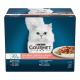 Purina Gourmet Katzenfutterbox mit einer weißen Katze auf der Vorderseite, mit Text, der die Geschmacksrichtungen anzeigt: Huhn, Thunfisch, Rind und Lachs.