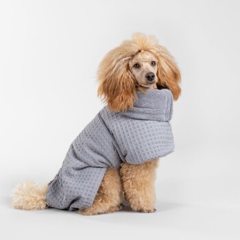 Ein flauschiger Hund, der einen gemütlichen grauen Haustiermantel trägt, sitzt vor einem schlichten weißen Hintergrund.