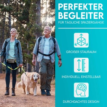 Ein Mann und eine Frau führen einen Golden Retriever auf einem Waldweg mit Text, der Funktionen hervorhebt: "Perfekt für Spaziergänge," "Großer Stauraum," "Verstellbar."