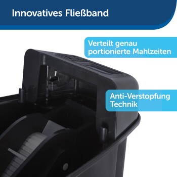 Innovativer Futterspender für Haustiere mit schwarzem Design, ausgestattet mit einem Portionskontrollmechanismus und Anti-Verstopfungstechnologie.