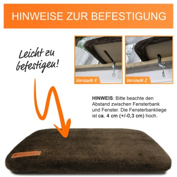 Bild einer Fensterliege für Haustiere mit Montageanleitung, mit den Texten "Leicht zu befestigen!" und "Hinweise zur Befestigung."