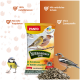 PANTO-Sonnenblumenkerne-Sack mit Vögeln und einem Haufen Sonnenblumenkerne; sichtbarer Text: '100% naturbelassen', 'Für viele Vogelarten'.