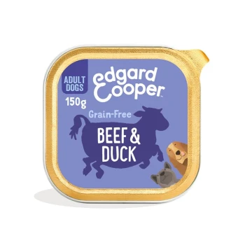 Edgard Cooper graanvrije hondenvoer in een container van 150g, met rundvlees en eend, met illustraties van een koe en twee honden.