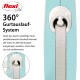Flexi ausziehbare Leine mit einem 360°-Gurtsystem, mit Text, der das verwicklungsfreie Design und die Funktionalität erklärt.