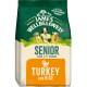Bag of James Wellbeloved Senior Dog Food, featuring a green and beige design, labeled "Turkey and Rice" for dogs aged 7+ years.