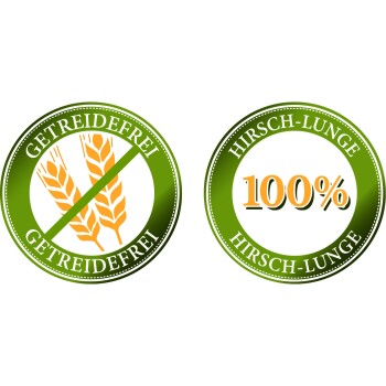 Zwei grüne runde Etiketten: links steht "GETREIDEFREI" mit einem durchgestrichenen Weizensymbol; rechts steht "HIRSCH-LUNGE 100%" für 100% Hirschlunge.