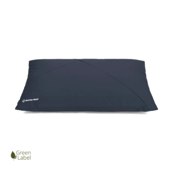Marineblaues Haustierbett mit einem eleganten Design, das das Logo "Doctor Bark" auf einer Seite zeigt.