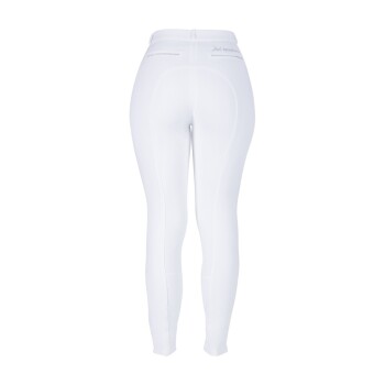 Weiße Reitleggings mit hohem Bund, mit einem subtilen Logo auf der Rückseite und strukturierten Details an den Beinen.