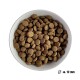 Schüssel gefüllt mit kleinen, runden Haustierfutter-Kibble, etwa 12 mm im Durchmesser, auf einem weißen Hintergrund.