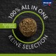 Une pelletée de nourriture pour animaux sur un fond sombre, étiquetée "100% ALL IN ONE" et "KEINE SELECTION", avec une indication de taille de "Durchmesser 12 – 15 mm."