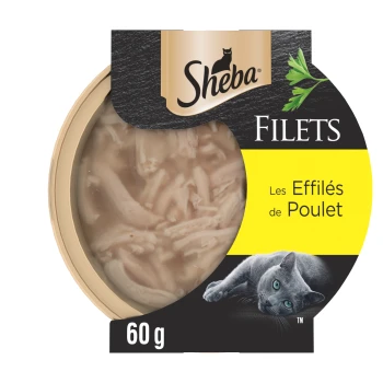 Nourriture pour chats Sheba Filets, saveur poulet effiloché, 60g, avec image d'un chat gris et garniture de persil.