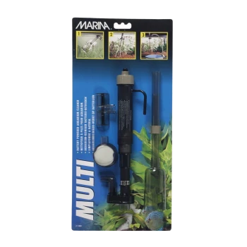 Kit de nettoyeur d'aquarium à batterie présenté sur un fond bleu, avec un outil de nettoyage multi-usage et des accessoires.