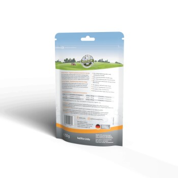Rückseite eines Haustierergänzungs-Pakets mit der Aufschrift 'BELLIOR', das Nährwertinformationen und Fütterungsempfehlungen für Hunde enthält, 250g.