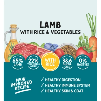 Lamb with rice & vegetables pet food, 65% lamb, 22% vegetables & rice, omega oils, 0% nasties, healthy digestion & immune system.