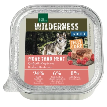 Barquette d'alimentation humide Real Nature Wilderness pour chiens adultes, « More Than Meat » bœuf avec noyau gélifié aux framboises, image d'un loup, 94 % de bœuf.