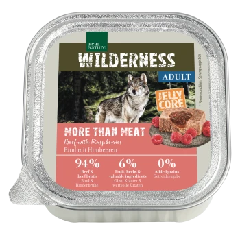 Real Nature Wilderness Nassfutter-Schale für erwachsene Hunde, 'More Than Meat' Rind mit Himbeeren im Gelee-Kern, Wolfsabbildung, 94 % Rind.
