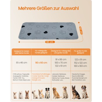 Graue Haustiermatte mit Pfoten- und Herzaufdruck (90 × 60 cm) auf beigem Hintergrund mit deutschem Text 'Mehrere Größen zur Auswahl'