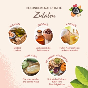 Pet Head Produkt mit Arganöl, Jojobaöl, Kokosnussöl, Aloe Vera und Pflanzenprotein für glattes Fell und weiche Haut.
