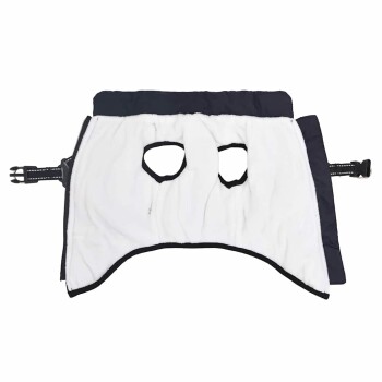 Haustier-Rehabilitationsanzug mit einem weichen weißen Innenfutter und navyblauem Außenmaterial, mit zwei Öffnungen für die Beine und verstellbaren Riemen.