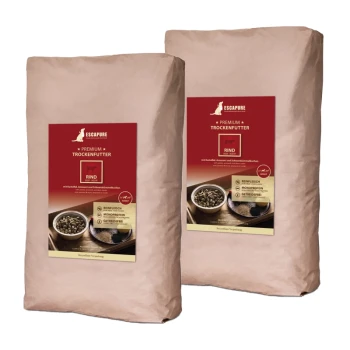 Zwei Beutel ESCAPURE "Rind" (Rindfleisch) Trockenfutter für Hunde, rotes und beiges Design, das Futter-Schalen und Zutaten-Highlights zeigt.