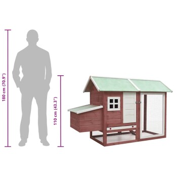 Rotes und grünes Holzhaustierhaus mit Maschendrahtgehege, 110 cm hoch, neben einer 180 cm großen Menschensilhouette zur Größenveranschaulichung.