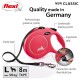 Red flexi retractable dog leash with ergonomic grip, sturdy tape, comfortable brake, and Multi Box slot. Max 50 kg, 8m tape.