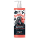 Flasche Bugalugs Floh- und Zecken-Shampoo für Haustiere, mit einem Cartoon-Hund, veganem Etikett und der Behauptung, pH-ausgeglichen und parabenfrei zu sein.