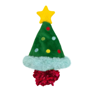 Plush green Christmas tree pet toy with colorful dots, yellow star on top, blue fur trim, and red crinkle base.