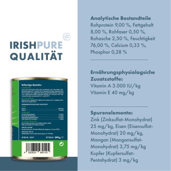 Dose mit Tiernahrung mit der Aufschrift "Irish Pure Qualität" und Nährwertanalyse, einschließlich Protein, Fett, Ballaststoffen sowie den Vitaminen A und E.