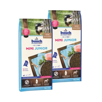Zwei Tüten Bosch Mini Junior Hundefutter, jeweils 15,0 kg, mit einem Welpen auf der Verpackung, mit Details zu Protein- und Fettgehalt.
