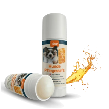 Hunde-Pflegestift mit einem niedlichen Welpenbild, beschriftet mit "Hunde Pflegestift" und "Dog Care Balm," mit einer Grafik von Waben.