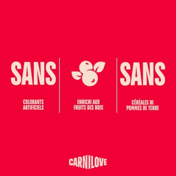 Visuel Carnilove rouge : « SANS » — colorants artificiels ; icône de baies libellée « Enrichi aux fruits des bois » ; « SANS » — céréales ni pommes de terre