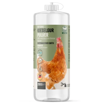 Poultry-Diatomeenerde-Pulver in einer klaren Flasche, mit einer Illustration einer braunen Henne, beschriftet mit "100% natürlich & rein," 200g.