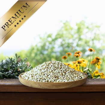Eine Holzschale mit Samen ruht auf einer Holzoberfläche, umgeben von grünen Pflanzen und gelben Blumen, mit einem goldenen Banner "PREMIUM."