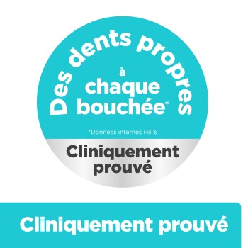 Cliniquement prouvé pour garder les dents propres à chaque bouchée, données internes de Hill’s, texte en français sur un badge bleu et argenté.