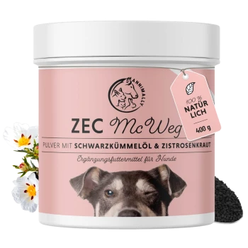 Behälter mit ZEC Mc Weg Hundefutterpulver mit schwarzem Kümmelöl und Cistus-Kraut, mit einem zwinkernden Hund und floralen Akzenten.