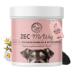 Behälter mit ZEC Mc Weg Hundefutterpulver mit schwarzem Kümmelöl und Cistus-Kraut, mit einem zwinkernden Hund und floralen Akzenten.