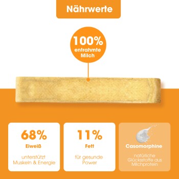 Käsekaustange für Haustiere, hergestellt in Deutschland, mit Text, der 100 % natürliche Zutaten, stressabbauend und förderlich für die Zahnhygiene hervorhebt.
