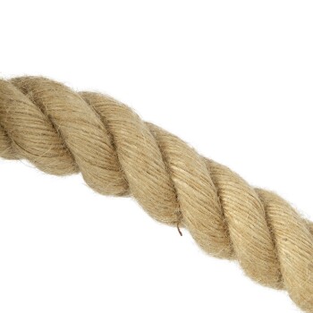 Eine Nahaufnahme eines dicken, beigen, gedrehten Seils, ideal für das Spielen oder Training von Haustieren.